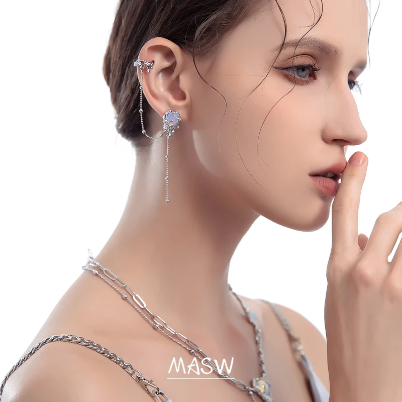 MASW Original Design Blue Heart Earrings 2022 Trend New Copper Metal Earcuff Silver Plated Chain Dangle Earring Women Jewelry