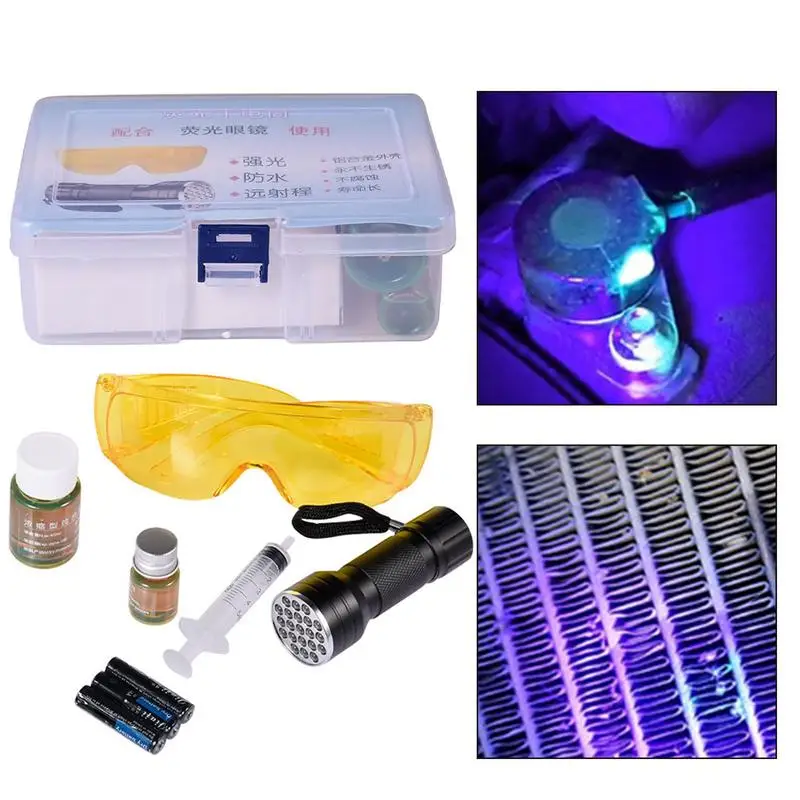 

Car Air Conditioning A/C System Leak Test Detector Kit Flashlight Glasses Fluorescent Oil Tool Set A/C System Leak Test Detect