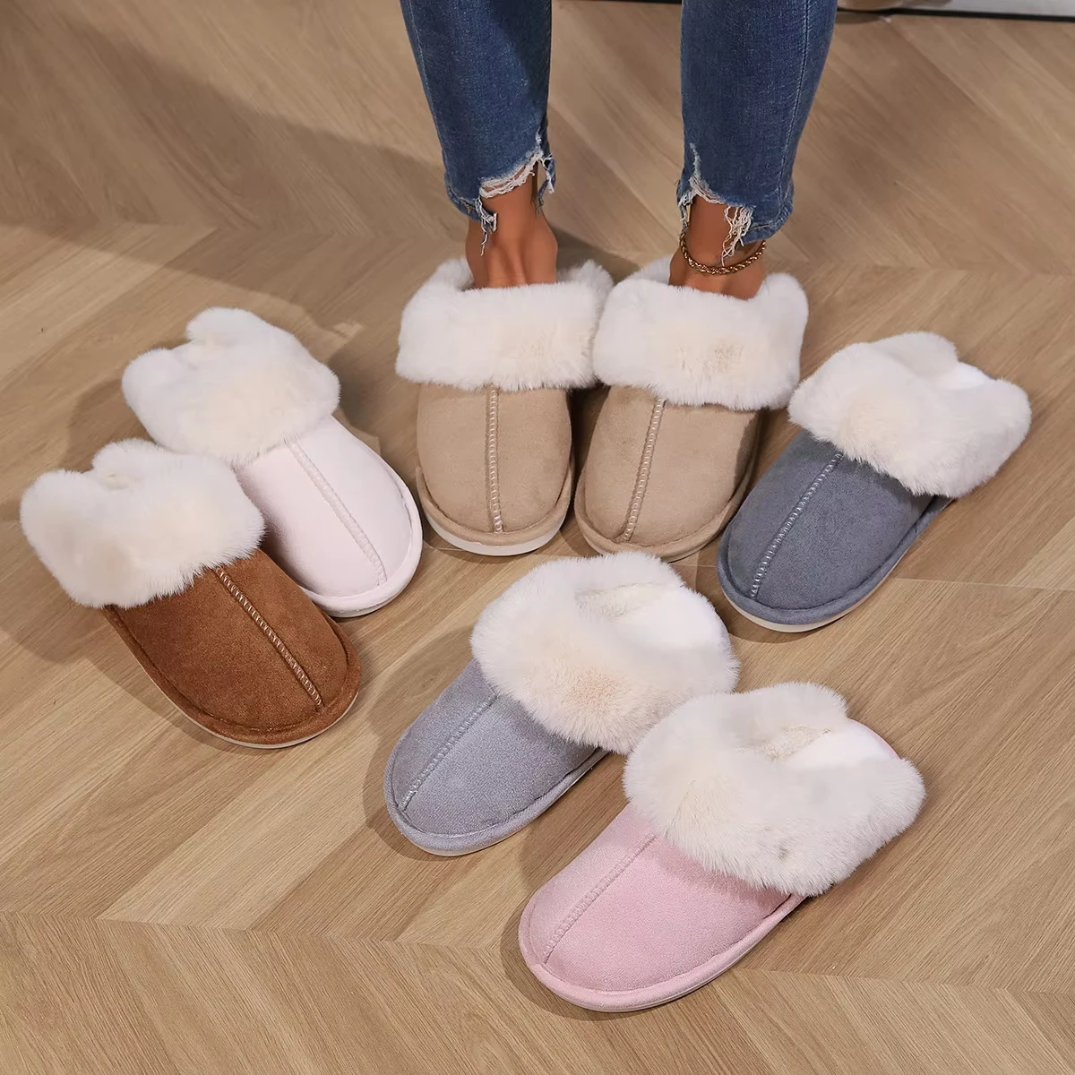 Winter Warm Flat Fur Slippers Women Faux Suede Fluffy Furry Home Slides Woman Comfort Non Slip Indoor Floor Cotton Shoes