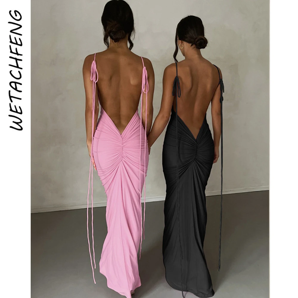 

Women's Summer Sexy Pink Maxi Dress Folds Lace Up Backless Suspender Party Evening Long Dress 2024 Bodycon Black Holiday Clothes