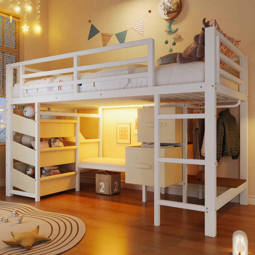 Schwarzes Metall-Halbhochbett 90x200cm Multifunktional Platzsparend mit Sitzkissen Stoffbezug LED-Beleuchtung Kleiderhakenbereich – Detail 25