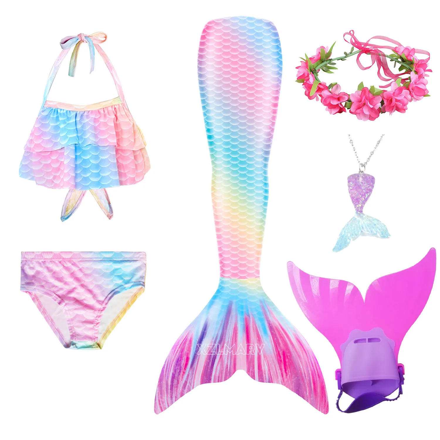 GALLDEALS Mermaid for Swimming Girls Swimsuit Princess Bikini Set with Monofin 9-10 Years Old 