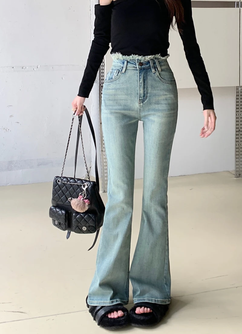 

Slergiri High Waisted Raw Trim Flare Jeans Woman New Korean Fashion Slim Casual Vintage 90s Girls Bell-bottoms Pants for Women