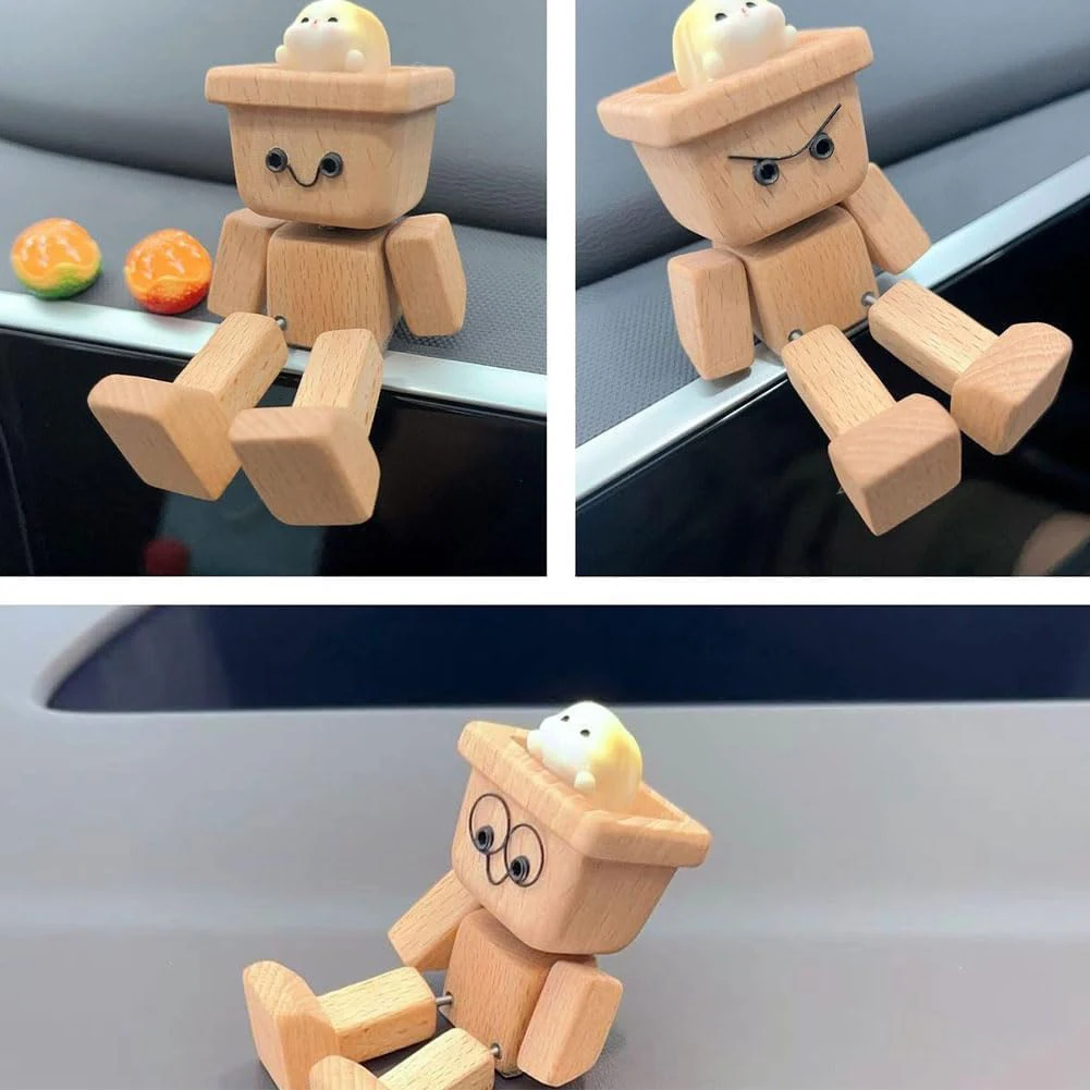 1PC Shaking Wooden Man Figurine Handmade Shaking Feet Wooden Figurine with Clip Funny Wood Desktop Decor Car Dashboard Decoratio