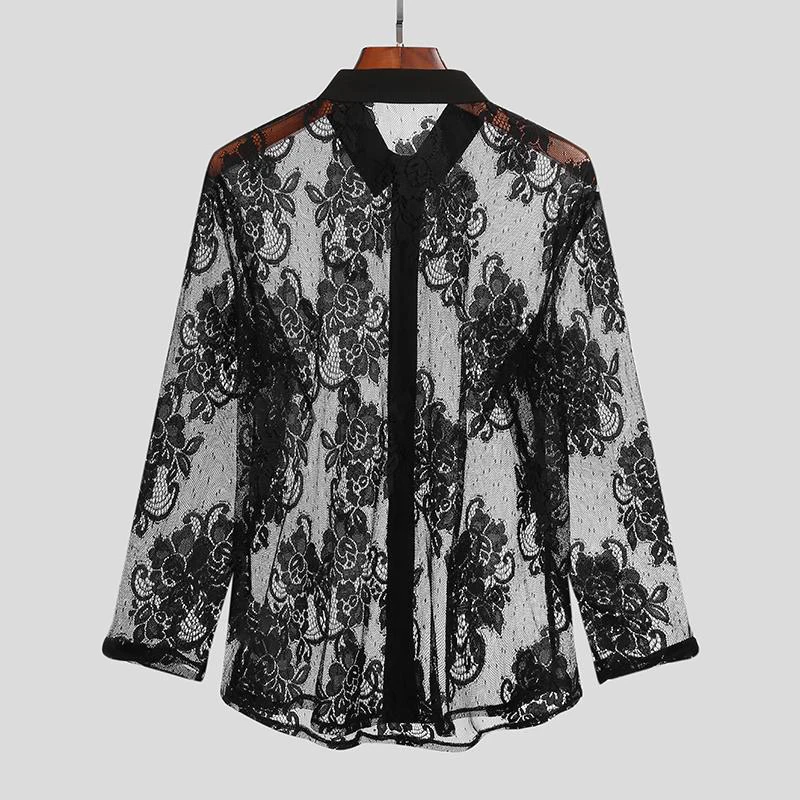 Men Short Sleeve T Shirt Fall Mens Vintage Turn-down Collar Florals Embroidery Tops Casual Buttoned Mesh Shirt