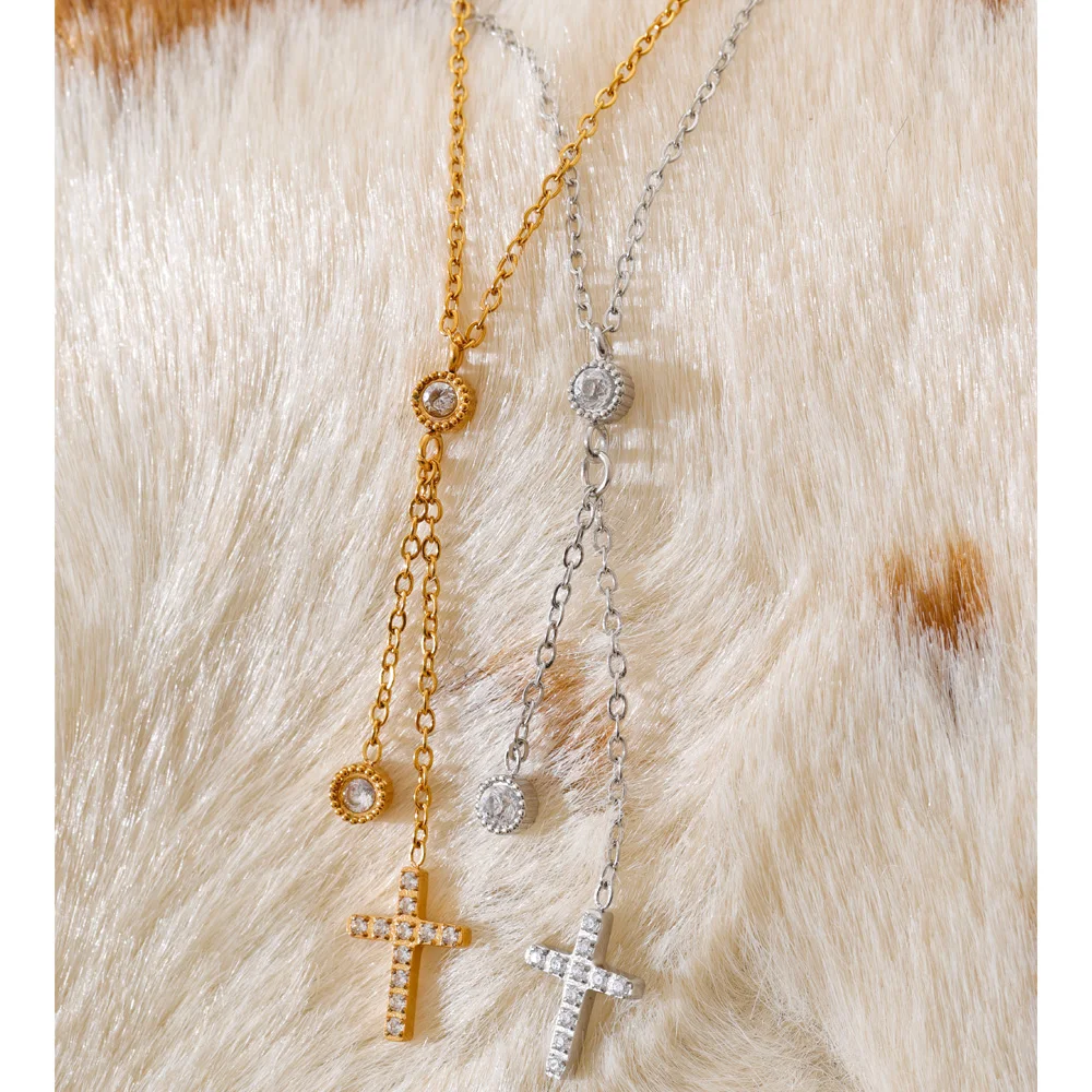 Yhpup CNC Cubic Zirconia Cross Extend Chain Drop Necklace