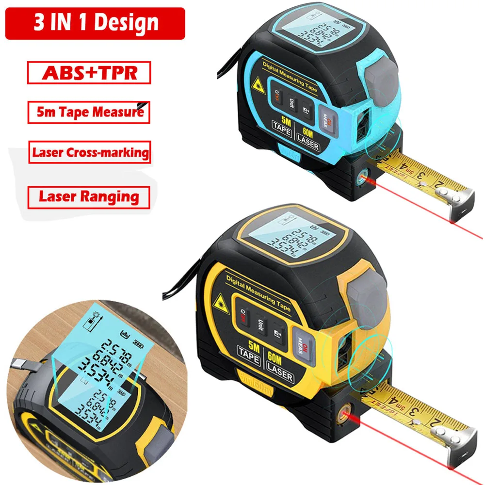 3in1 Laser Rangefinder 5m Tape Measure Ruler LCD Display with Backlight Distance Meter Building Measurement Device Area Volumes