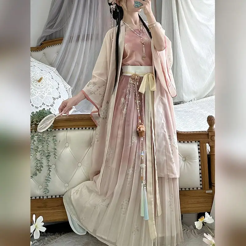 Conjunto de vestido Hanfu de estilo chino para mujer, vestido de princesa con estampado de flores elegante tradicional, trajes de escenario de baile dulce Vintage para mujer