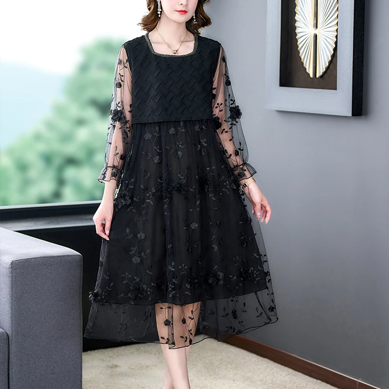 

Three-dimensional embroidery retro hand-made medium length large size women's embroidery gauze dress female summer
