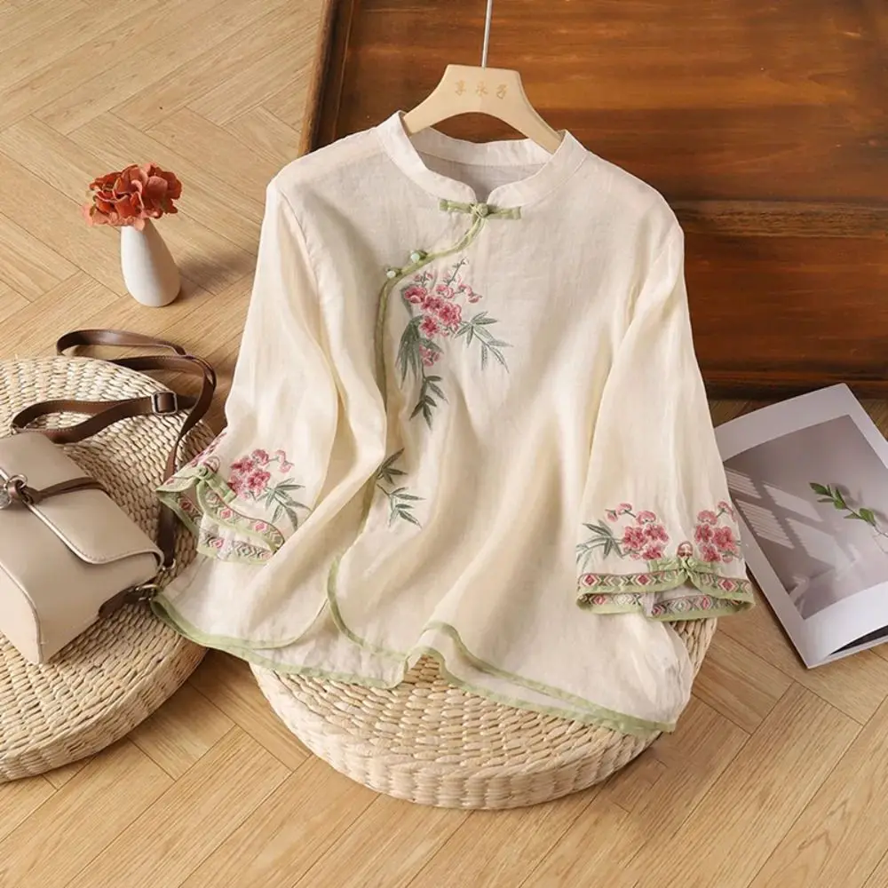 Fashion Chinese Style Short Sleeved Shirts Retro Loose Embroidered Floral Top Frog Button Stand Collar Cotton Linen Shirt Daily