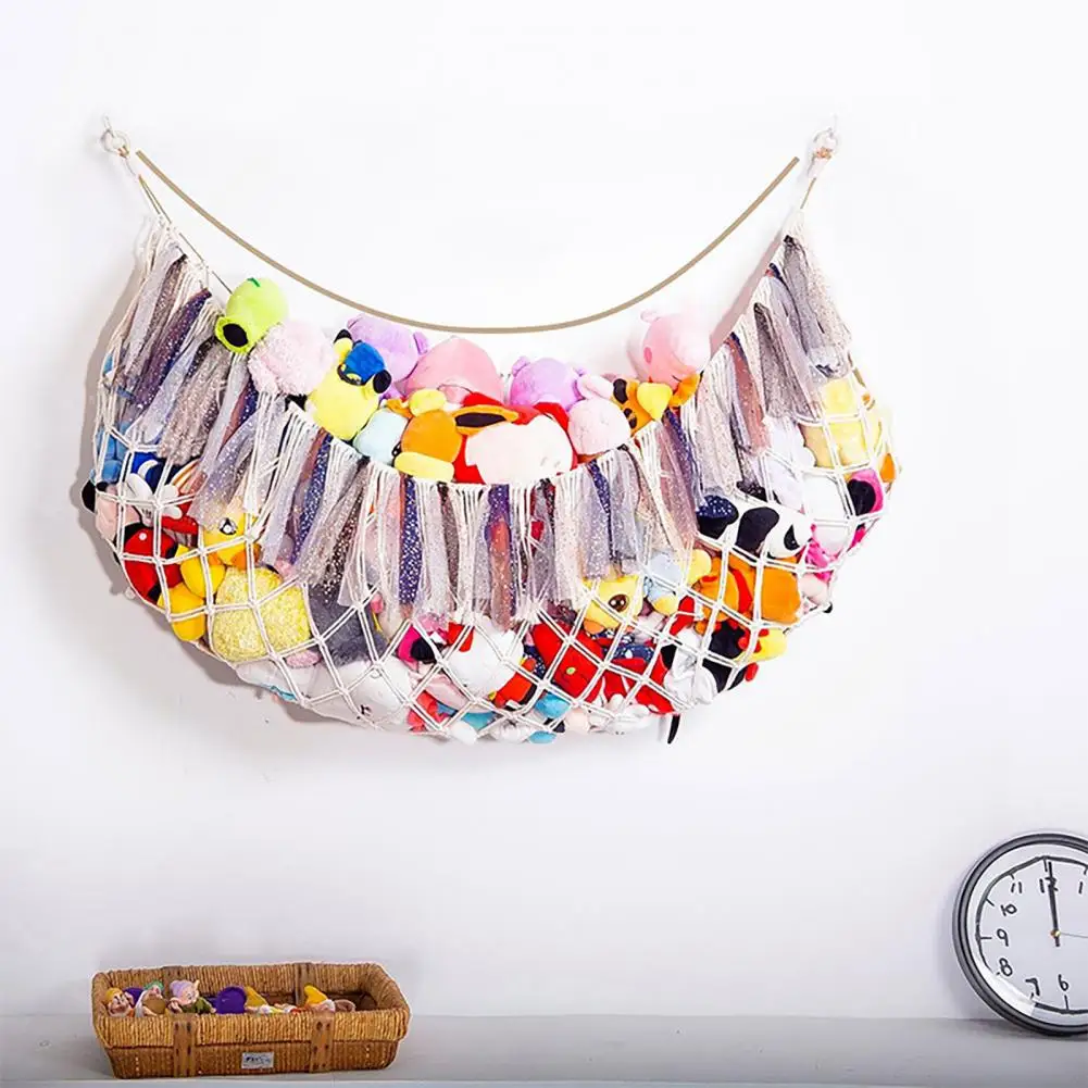 Bohemian Style Decor Plush Toy Hammock Capacity Wall-mounted Toy Net Bag with String Light Tassels Design Playroom for Stuffed 6