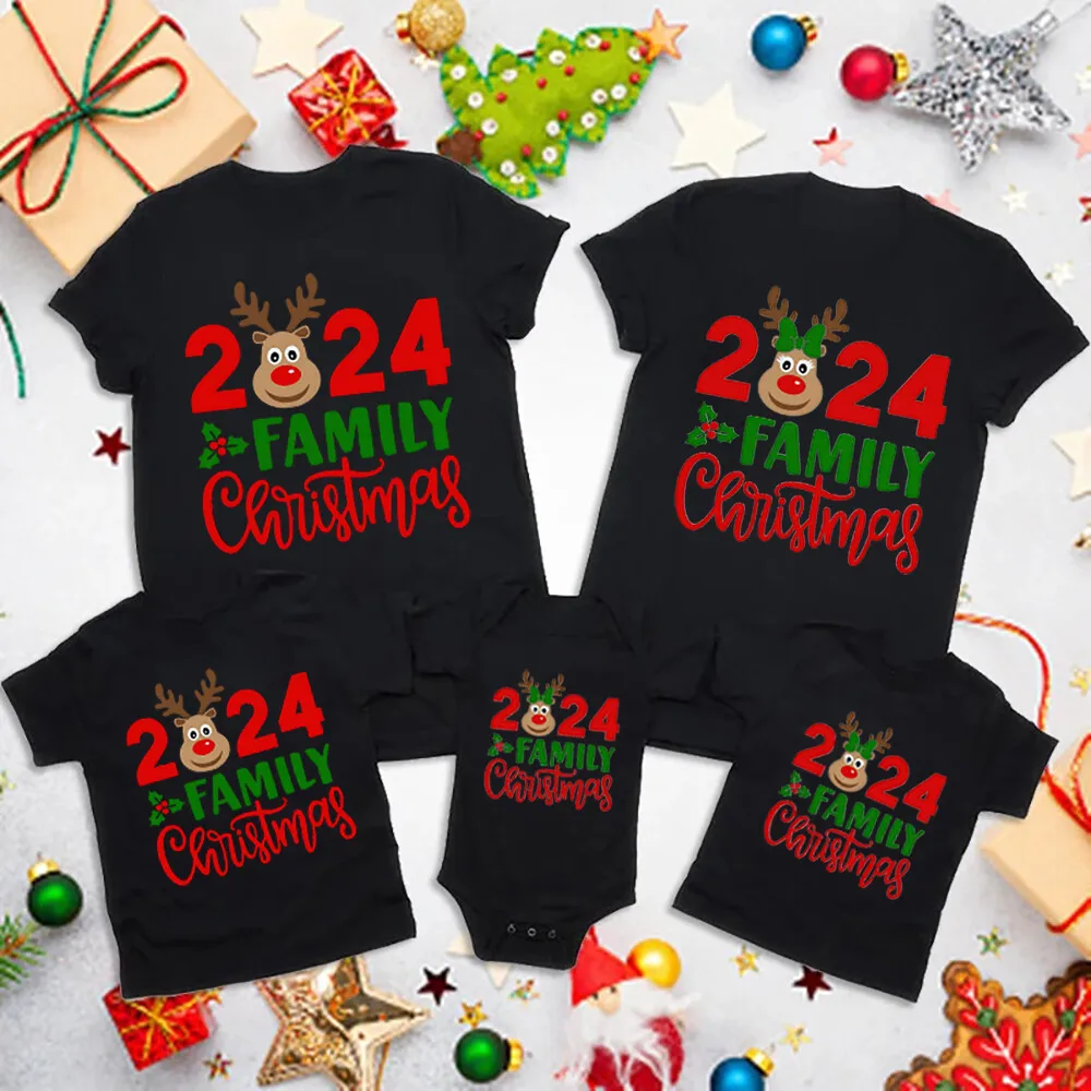 Conjunto familiar a juego con estampado de ciervos y Navidad 2024, conjunto navideño informal de manga corta, ropa navideña para el día de fiesta