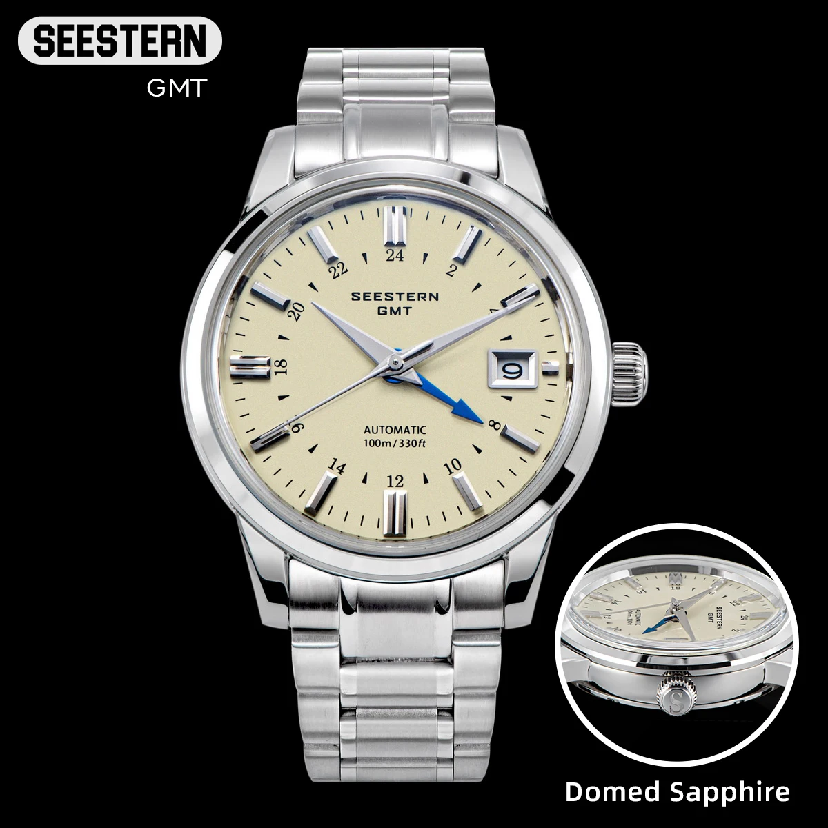 Seestern S436-2 GMT Automatik Herrenuhr - Edelstahl, Schwarz, Saphirglas