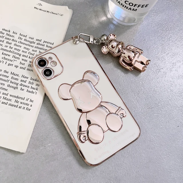 Fashion Smiley Bear With Lanyard Case For iPhone 11 12 13 Pro Max Mini 7 8 Plus XR X XS MAX Trend Creative Luxury Original Cover Rose Gold