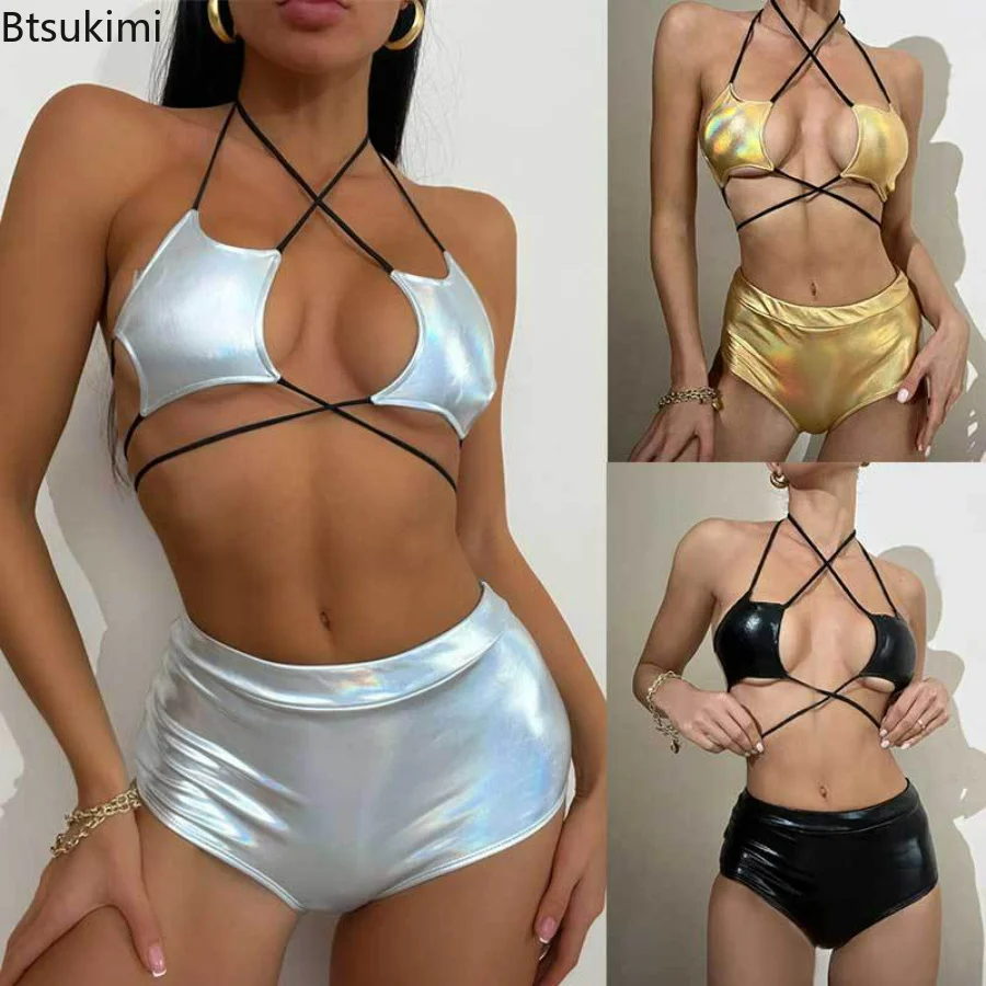 

2023 Women's Summer Sexy Bikini Sets Sequin Silver Five-pointed Star Cut Out Criss Cross High Waist Swimsuit Female Bathing Suit