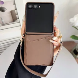 Elegant Leather Wallet Phone Case with Card Slot and Wrist Strap Chain Cover - Galaxy Z Flip 8 (Brown)