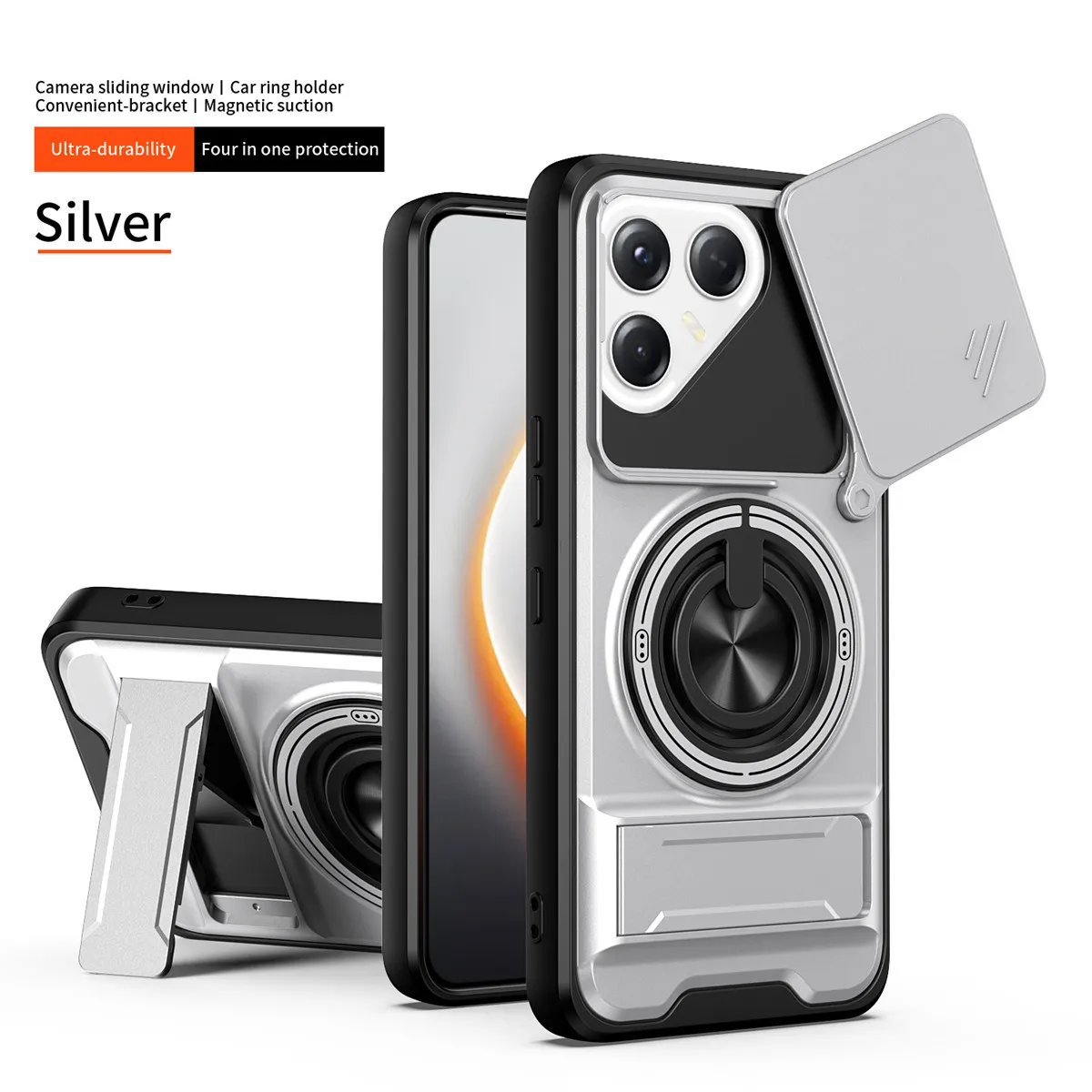 Premium Armor Case with Slide Lens Protector and Magnetic Ring Holder