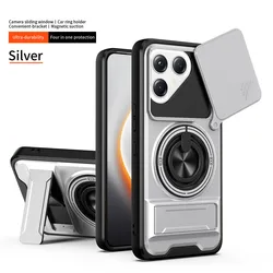 Premium Armor Case with Slide Lens Protector and Magnetic Ring Holder for Tecno Pova 7 5G (Silver)