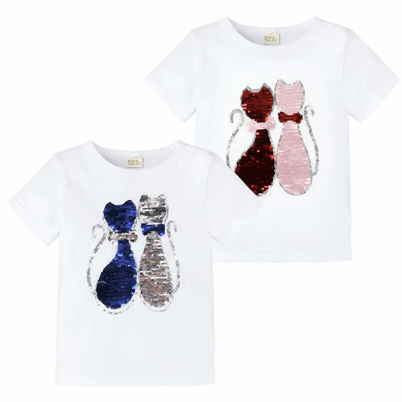 

New Style Girls T-shirt 2022 Summer Girls Clothes New Sequined T-shirt Color Changing Cat T-shirt Children's Top