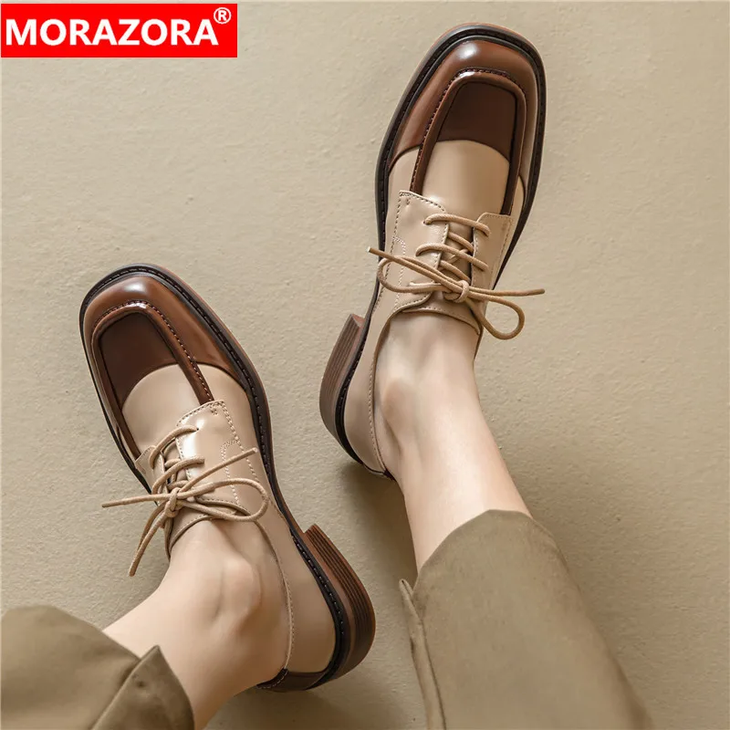 

MORAZORA 2024 New Ladies Lace Up Dress Pumps Genuine Leather Platform Shoes Woman Mixed Colors Square Med Heels Single Shoes