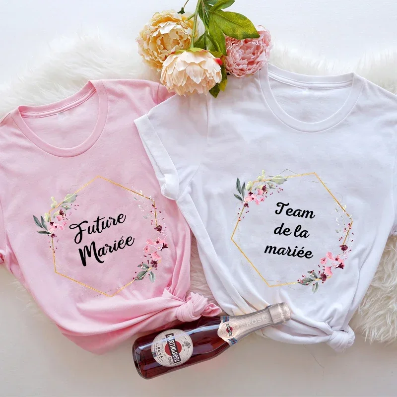 

Французская футболка Evjf Future футболка команды с цветочным принтом для невесты, футболка для девичника, повседневные топы с коротким рукавом и круглым вырезом для свадьбы