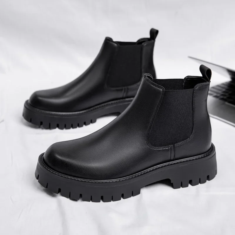 Italian Men's Boots High Top Outdoor Chelsea Boots Leather Ankle Men Platform Round Toe Boot