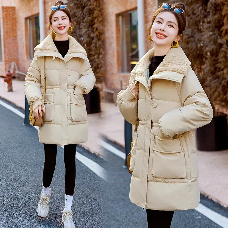 2023 Winter New Lamb Wool Splicing Cotton-padded Jacket Women Slim Large Size Cotton-padded Jacket Fashion High-grade Thickening