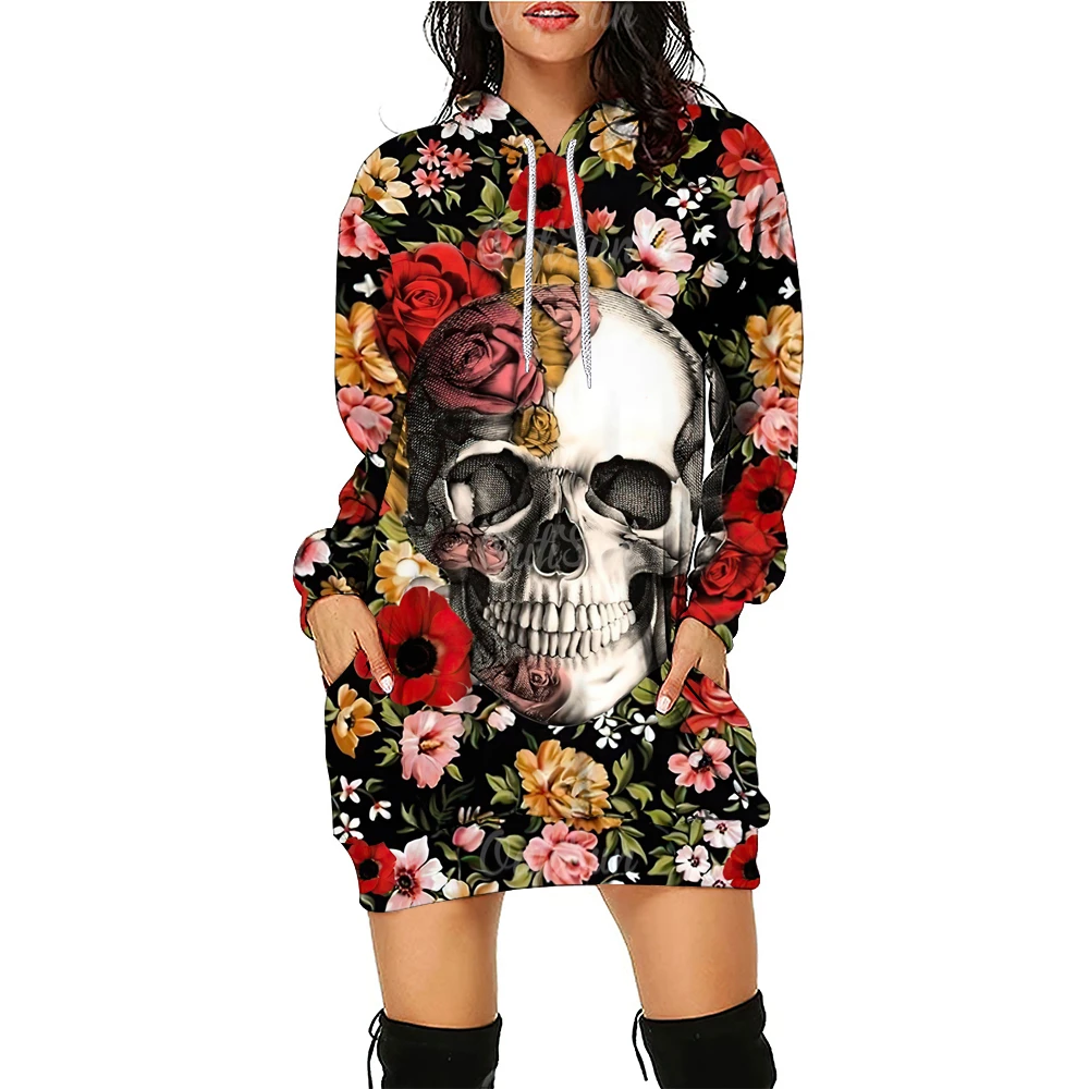 

Winter 3d Skull Print Hoodie Dress For Women Winter One-Piece Dress Sweatshirt Elegant Party Slim Fit Dress Funny Female Clothes