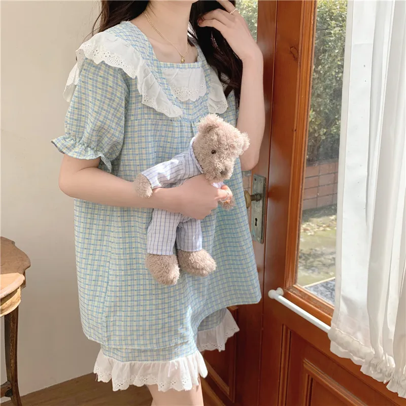 

Short Sleeve Pajama Set Shorts Pijamas Cute Lacework Summer Homewear 2 piece set Ladies Plaid Cotton Sleepwear Out Wear D195