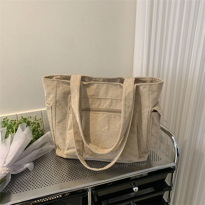 Corduroy Tote Bags for Women Large Capacity Multiple Pocket Handbag Shoulder Bag Minimalist Casual Crossbody Purse for Daily Use