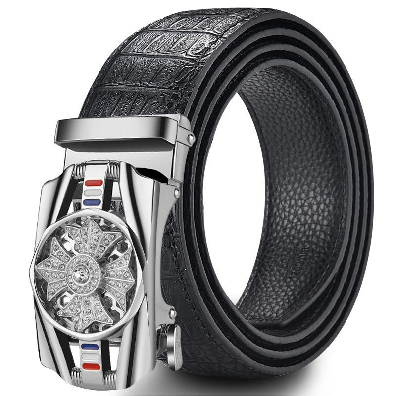 

Genuine Leather Men's Simple Belt Fashion Designer Business New Belt Jaguar Pattern Decorative Alloy Automatic Buckle