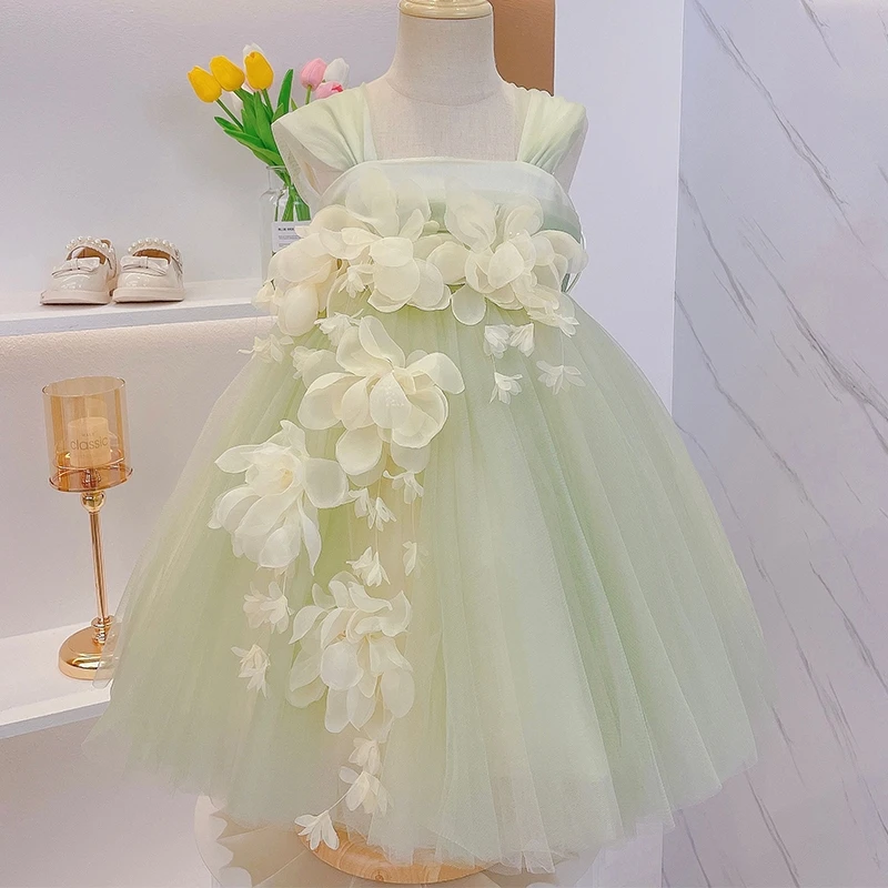 

Kids Green Floral Tulle Flower Girl Dress Square Collar Sleeveless Tiered Training Performance Dresses Formal Ball Gown