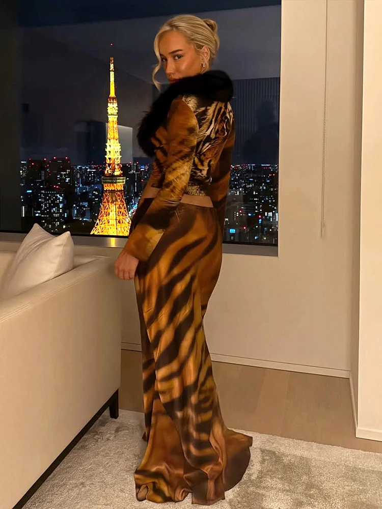 Nibber Sexy2 Piece Set Woman Tiger Print  Furry Patchwork Low-Neck Full Sleeve Crop Top+A-Line Long Skirt Elegant Style Outfits