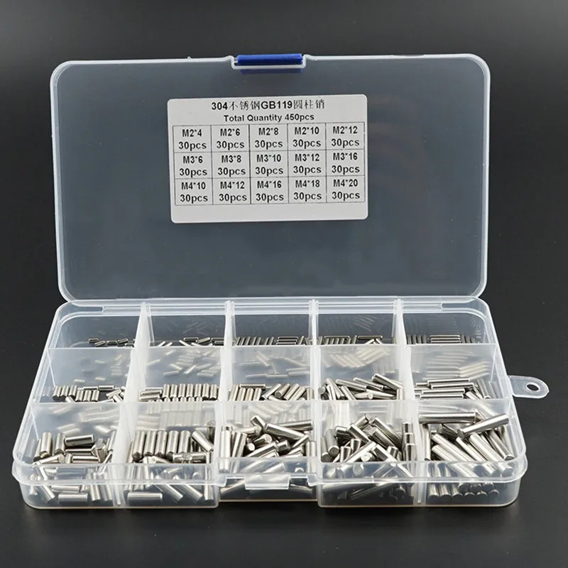 450pcs/set Cylindrical Pin M2 M3 M4 304 Stainless Steel DIN6325 Locating Dowel assortment Kit Solid Cylinder Pin Fastener Set cylindrical locating dowel pin