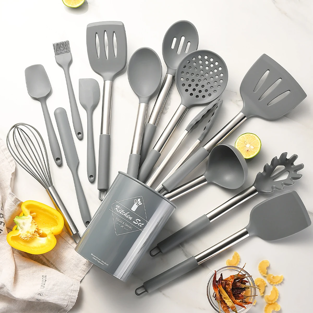 15-Piece Silicone Kitchen Utensil Set with Stainless Steel Handles and Storage Bucket