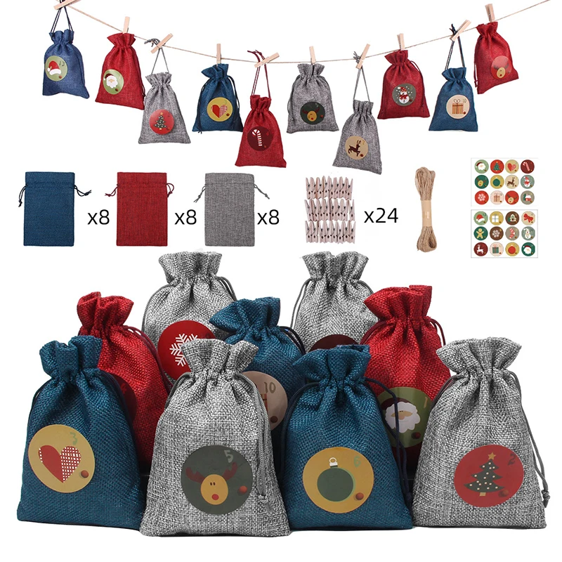 

24pcs Jewelry Storage Bags 10*14cm Jute Rope Wood Clips Sticker Sets fit New Year Christmas Gift Packaging Display Organizer