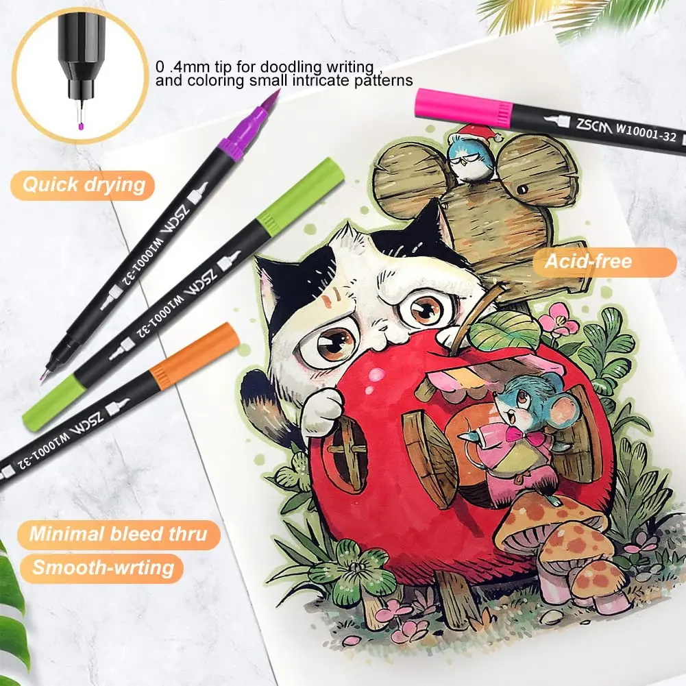 Art Markers Dual Brush Pens for Coloring, 60 Artist Colored Marker Set, Fine and Brush Tip Pen Art Supplier for Kids Adult Coloring Books, Bullet