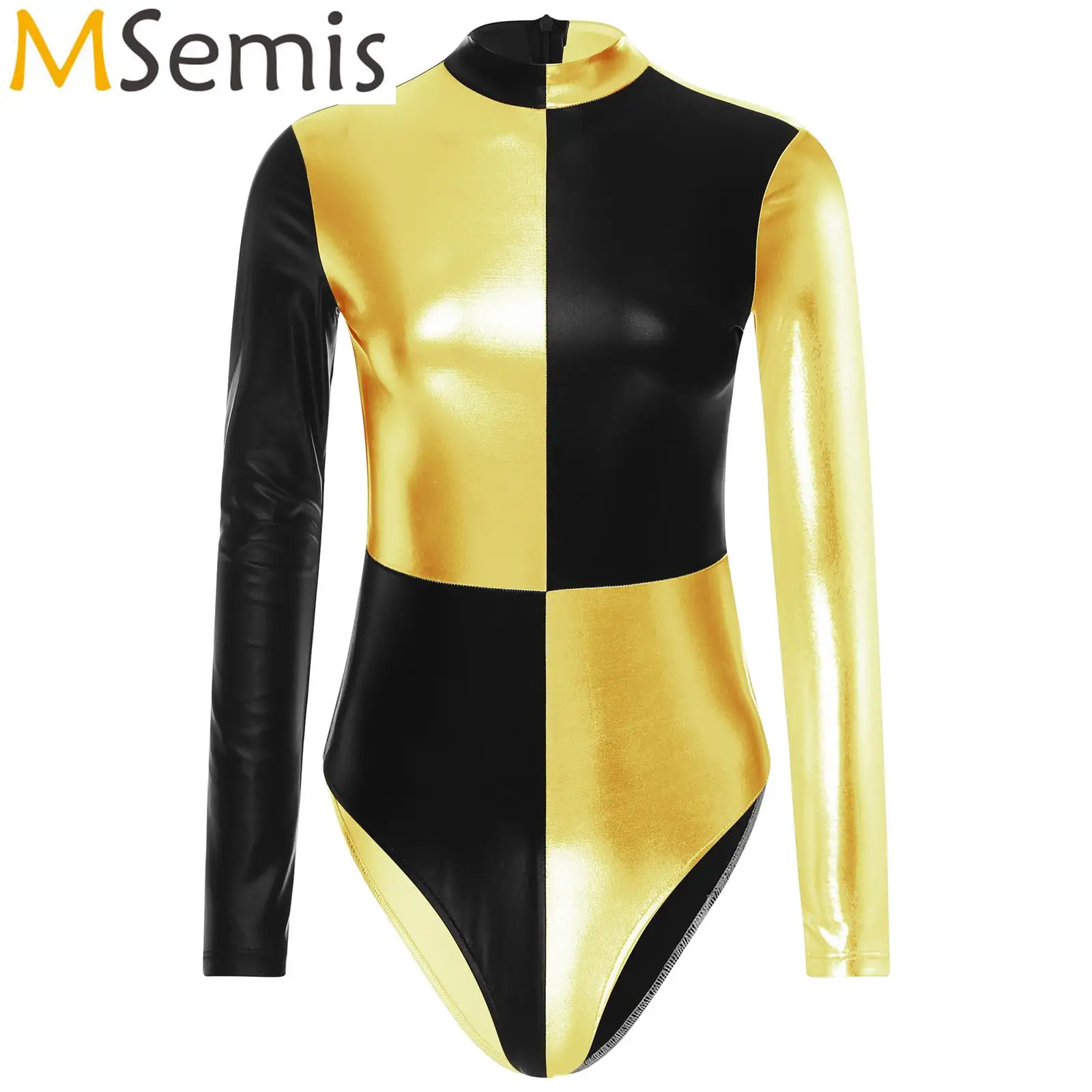 

Womens Long Sleeve Ballet Rave Pole Dancing Bodysuit Metallic Shiny Mock Neck Catsuit Invisible Zipper Back Leotard Clubwear