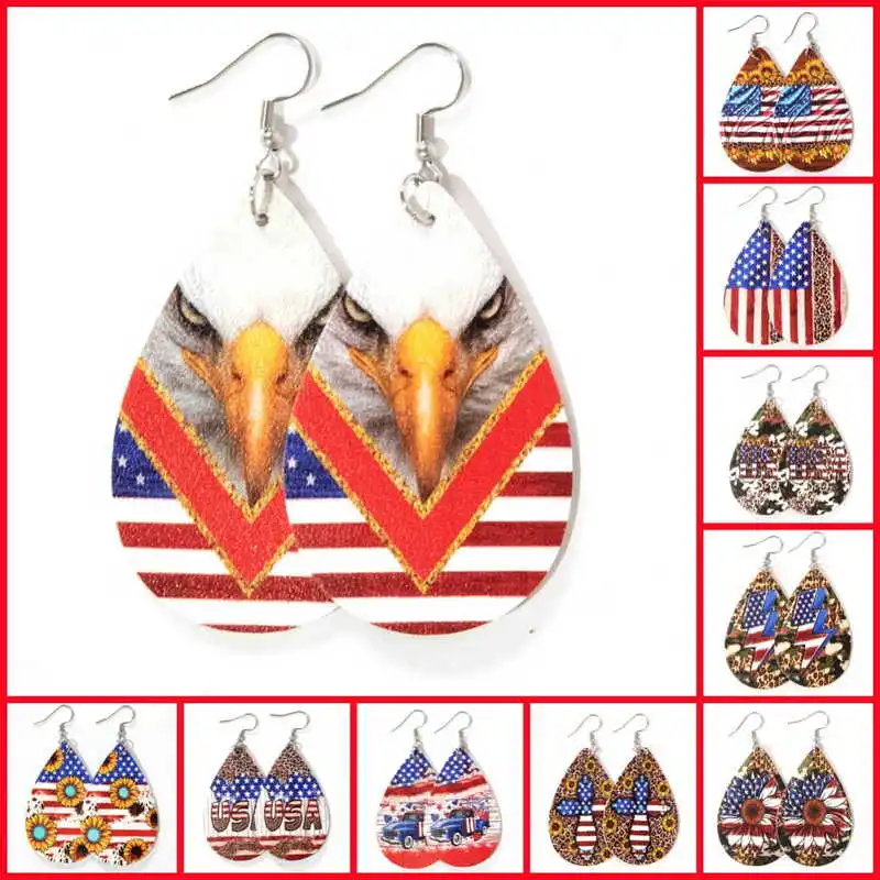 

Independence Day American Flag Eagle Leather Earrings Ethnic Style Leopard Print Sunflower Star Print Charm Earrings For Women