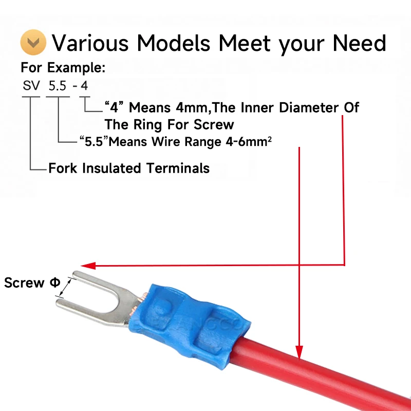 SV5.5-4 5 6 8 코드 끝 단자 포크 U 단자 커넥터 전압 단자 12-10 AWG 4-6mm 와이어 및 케이블