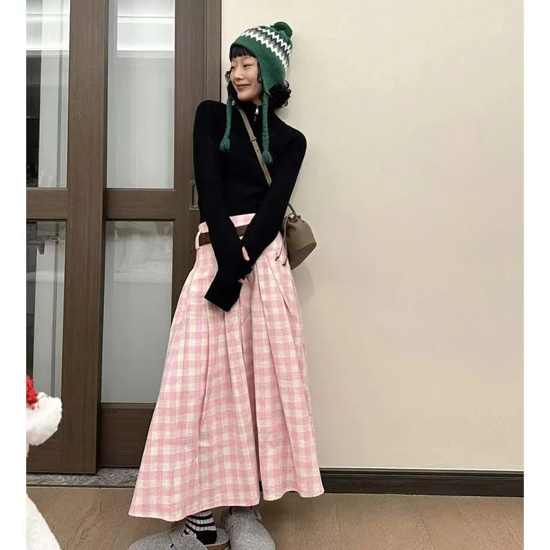 

Pink Long Skirts Women 2023 Faldas Mujer De Moda High Waist A-line Jupe Fashion Casual Plaid Saia Big Swing Sweet Pleated Skirt