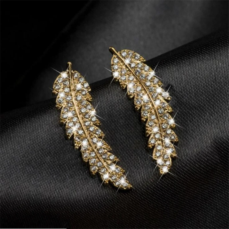 1 Pair Feather Ear Climbers Cuff Earrings Light Luxury Crystal Diamonden Wedding Earrings For Women Jewelry