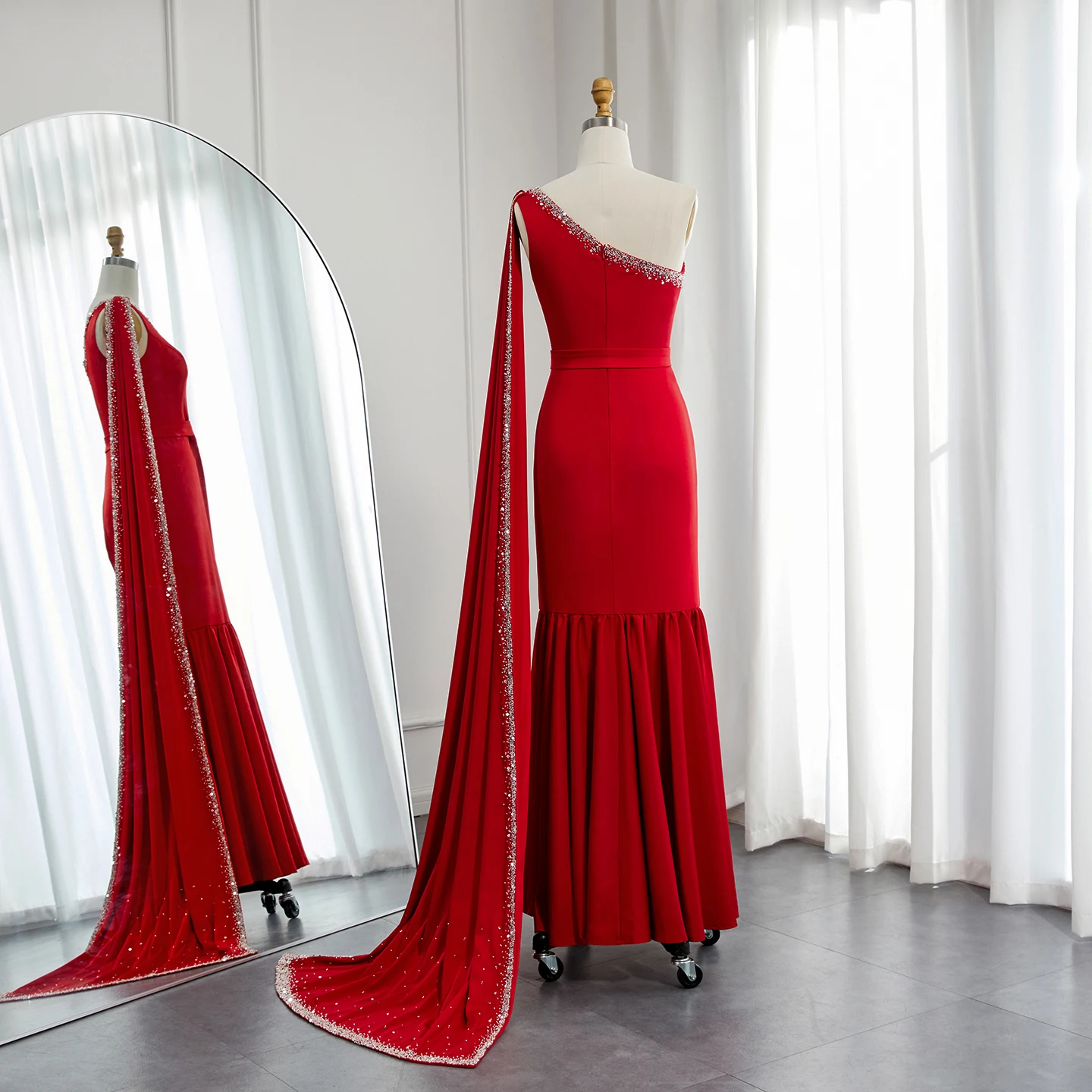 Scaae1192df2c45cfa9f0a04a2a1e0b8at Arabic Burgundy One Shoulder Evening Dress with Cape Sleeve Women for Wedding Luxury Dubai Formal Party Gowns Mallzona