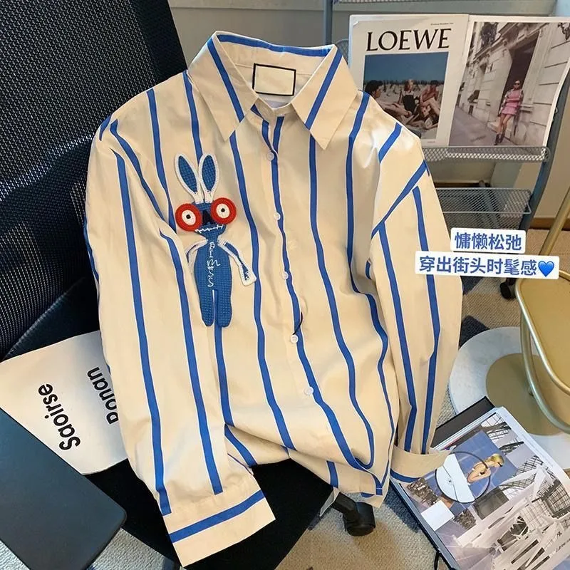 XEJ Blouse Women 2024 Luxury Designer Fashion Rabbit Embroidered Blue Striped Shirt for Women Women's Long Sleeve Spring Top