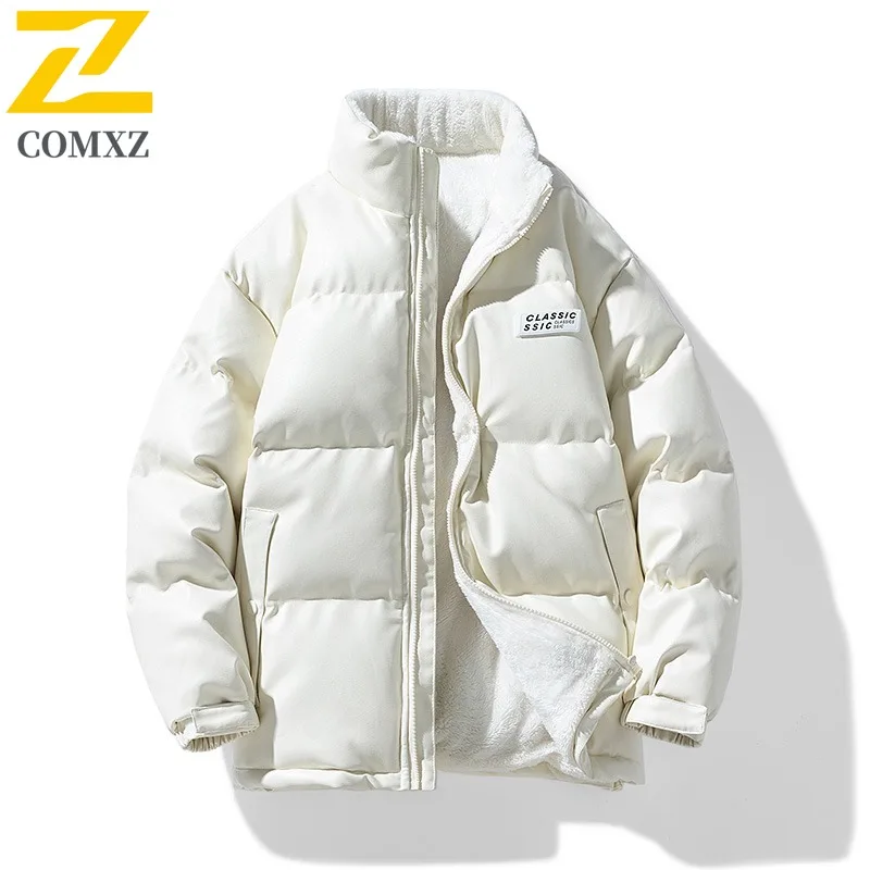 COMXZ 2025 New Men Thickened PU Cotton Jacket Trendy Casual Winter Coat Versatile Solid Color Outerwear for Office Daily Outings
