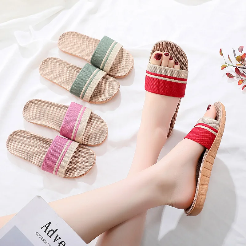 

Women Slippers Flat Sandals Linen Lightweight Casual Summer Slippers Ladies For Home Slide Size 36-40