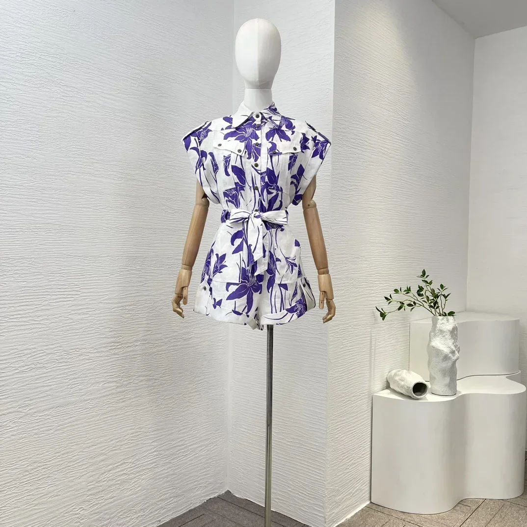 

Violet Purple Floral Print Playsuit High Quality Linen Sleeveless Bow Tie 2024 Summer New Women Clothing