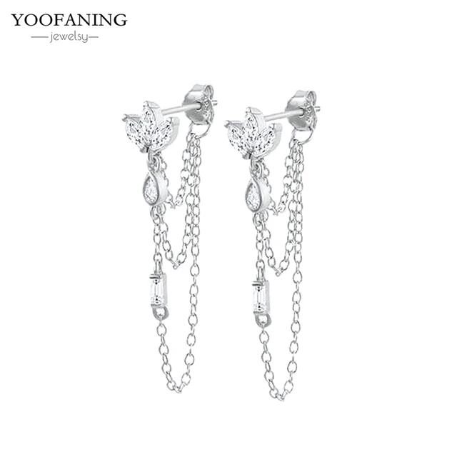 YUXINTOME 1 PC 925 en argent Sterling aiguille d'oreille coloré Zircon chaîne gland boucles d'oreilles pour les femmes deux trous boucle d'oreille bijoux A45