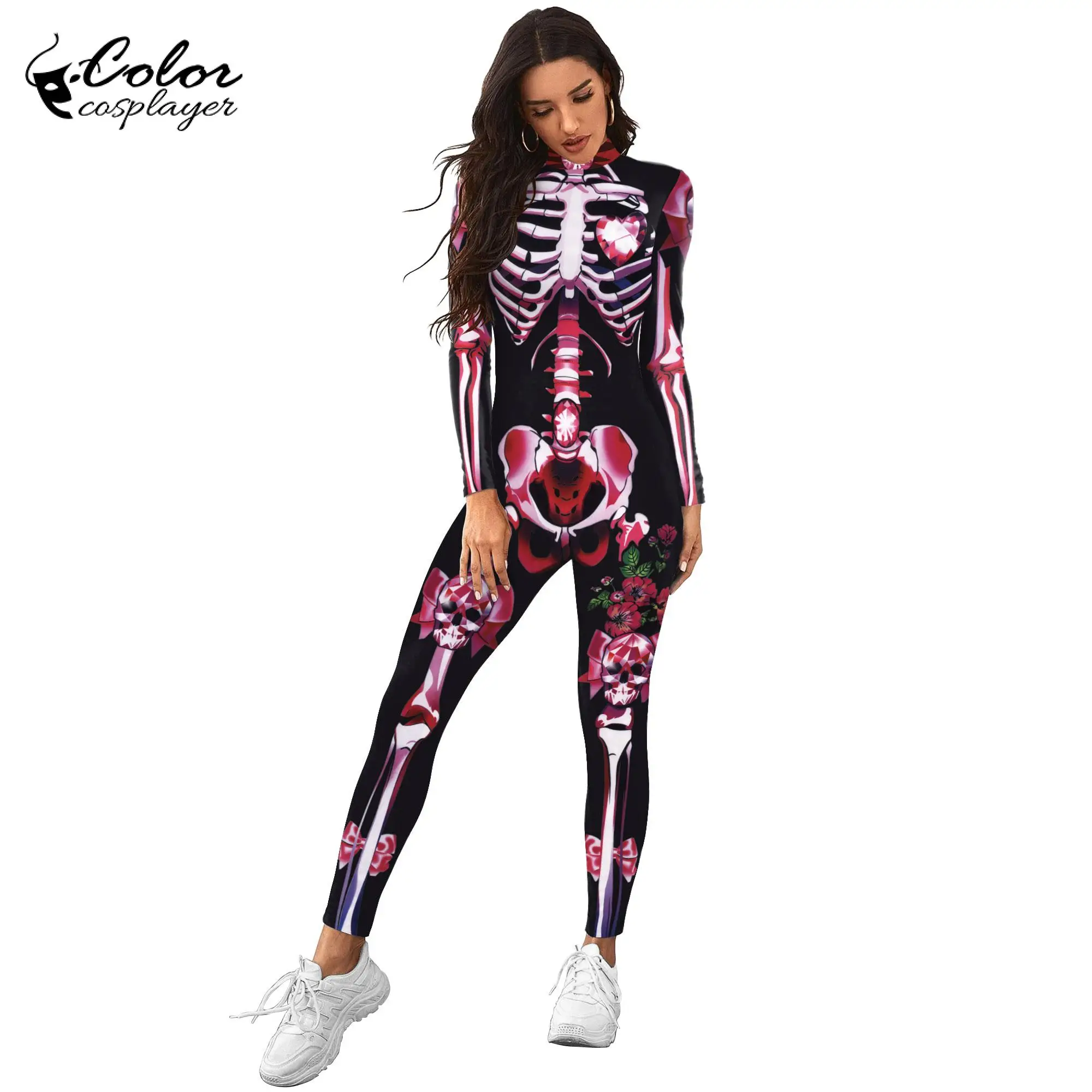 Color Cosplayer Halloween Party Jumpsuit Gothic Performance 3D Printed Costume Zentai Cosplay Zipper Spandex Catsuit Bodysuit