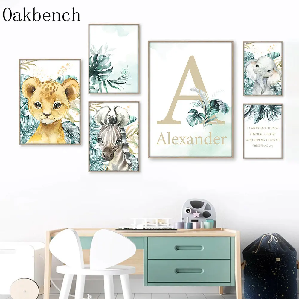 

Custom Name Canvas Poster Jungle Animals Art Prints Lion Giraffe Leopard Wall Art Nursery Wall Posters Baby Boys Bedoom Decor